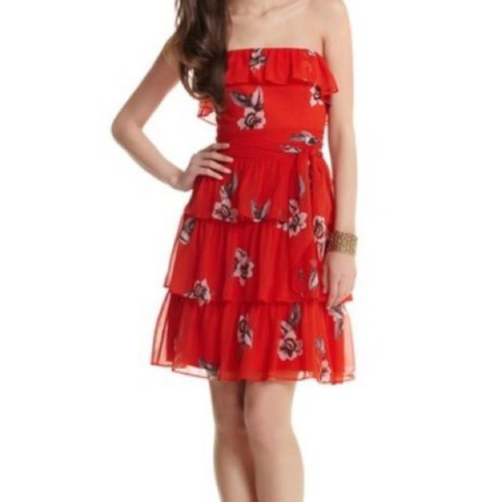 White House Black Market strapless red floral ruffled dress w/ sash, size 10